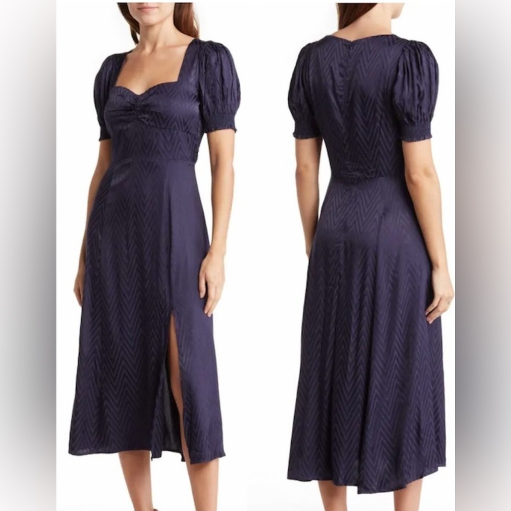 Maisie Navy Blue Morton Chevron Puff Sleeve Satin Silky Midi Dress XL